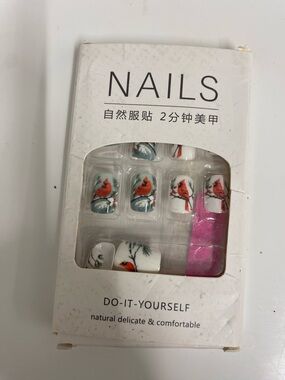 White Press-On Nails with Red Cardinal Design